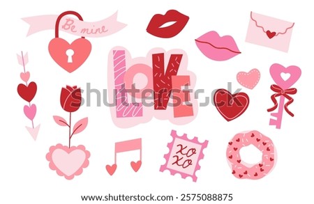 Fun love concept stickers set. Trendy flat design illustration with heart lock, rose, lips, hearts, sweets, envelope and other romantic symbols