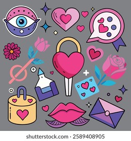 Fun love concept stickers set. Trendy flat design illustration with heart lock, rose, lips, hearts, sweets, envelope and other romantic symbols