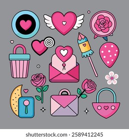 Fun love concept stickers set. Trendy flat design illustration with heart lock, rose, lips, hearts, sweets, envelope and other romantic symbols