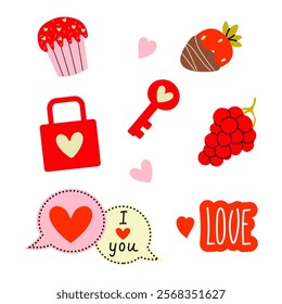 Fun love-themed stickers featuring hearts, gifts, and sweet treats