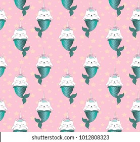 Fun magic cat unicorn and mermaid seamless pattern. Vector cartoon charters. Editable vector illustration.