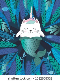 Fun magic cat unicorn and mermaid. Vector cartoon charters. Editable vector illustration.