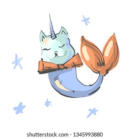 Fun magic cat unicorn and mermaid. Vector cartoon character. Editable vector illustration.