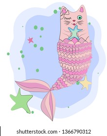 Fun magic cat unicorn and mermaid. Cat unicorn with a mermaid's tail in the colors of the rainbow and with a starfish in its paws, print design