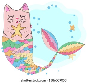 Fun magic cat unicorn and mermaid. Cat unicorn with a mermaid's tail in the colors of the rainbow, print design