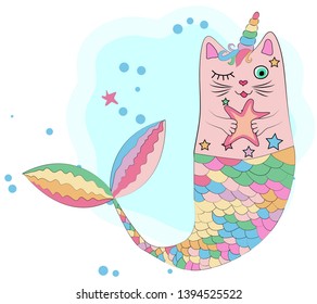 Fun magic cat unicorn and mermaid. Cat unicorn with a mermaid's tail in the colors of the rainbow, print design