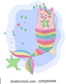 Fun magic cat unicorn and mermaid. Cat unicorn with a mermaid's tail in the colors of the rainbow and with a starfish in its paws, print design