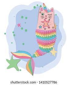 Fun magic cat unicorn and mermaid. Cat unicorn with a mermaid's tail in the colors of the rainbow and with a starfish in its paws, print design