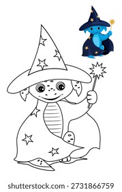A fun magical character dragon wizard for a childrens coloring book.