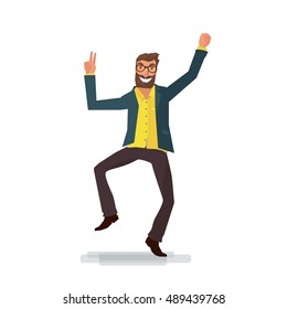 fun man with beard and glasses jumping happy, vector character illustration