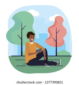fun man seating with smartphone and trees