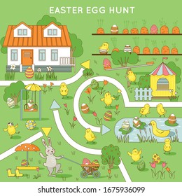 Fun map for finding Easter eggs. Egg hunt. The house, the garden with carrots, bunny with cart of eggs, chicks, tulips, daffodils