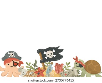 Divertida fronteira marinha com um polvo em um chapéu de pirata e uma tartaruga com um tapa-olho. Inclui elementos náuticos como uma luneta e uma roda de navio. Ideal para autocolantes de berçário e cartões.
