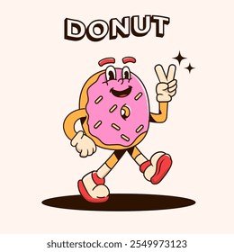 Fun mascot cartoon donut character with pink frosting and sprinkles, posing with a peace sign.vector illustration