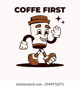 Fun mascot coffee cup cartoon character walking with a cheerful smile, perfect for coffee shop branding, marketing, promotions