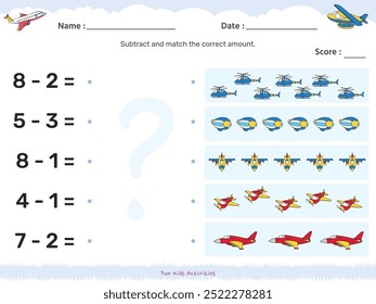 Fun Matching game. subtraction air transportation theme. fun activities for kids to play and learn.