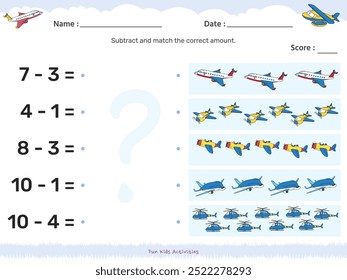 Divertido juego a juego. tema de transporte aéreo de sustracción. actividades divertidas para que los niños jueguen y aprendan.