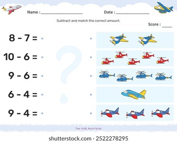 Fun Matching game. subtraction air transportation theme. fun activities for kids to play and learn.