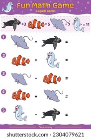 Fun Math Game logical game with cartoon sea turtle, clownfish, dolphin, Sting ray. Logic math game animals. education game for children. Vector illustration of cartoon animals .fun activities for kids