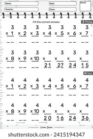 Juego matemático divertido Multiplicación de los números tres y cuatro o tres y cuatro. actividades divertidas para que los niños jueguen y aprendan.