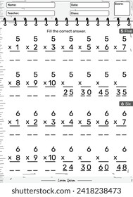Fun math game Multiplication of number five and six or 5 and 6. fun activities for kids to play and learn.