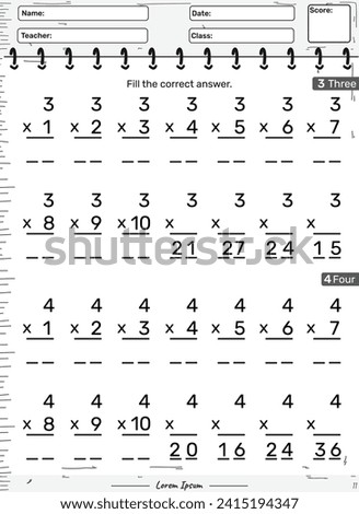 Fun math game Multiplication of number three and four or 3 and 4. fun activities for kids to play and learn.