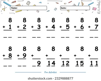 Juego de matemáticas divertidas Sumación del número ocho. actividades divertidas para que los niños jueguen y aprendan.