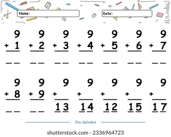 Fun math game Summation of number Nine. fun activities for kids to play and learn.