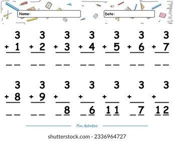 Fun math game Summation of number three. fun activities for kids to play and learn.