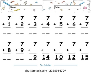Fun math game Summation of number Seven. fun activities for kids to play and learn.