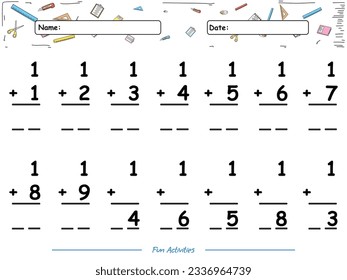 Fun math game Summation of number one. fun activities for kids to play and learn.
