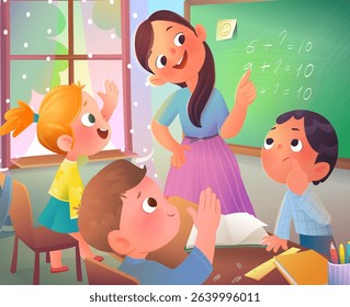 Fun math lesson with students raised hands and teacher at blackboard. Young boy answering mathematics homework task in front of the class. Vector cartoon illustration for children and kids education