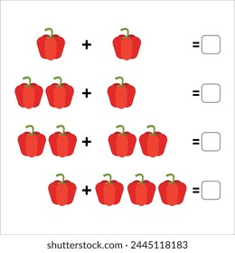 Fun math. Mathematical educational game for children. Learning to count children's addition. Vegetable puzzle. Flat vector illustration