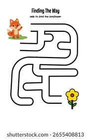 Divertida actividad de laberinto para niños, ayudando a un zorro a encontrar el girasol