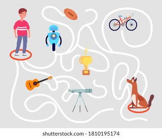 Fun maze game. Children labyrinth, education kindergarten kids puzzle play. Find solution, help to boy choose right road vector illustration