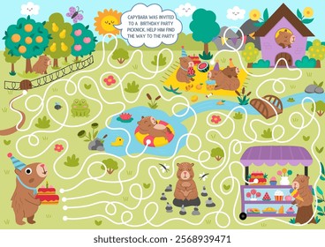 Fun maze for kids with capybara in cone hat going to birthday party picknick with cake. Capibara preschool printable activity with cute animal. Labyrinth game, puzzle with nature landscape