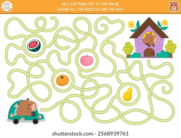 Fun maze for kids with capybara driving car to the house. Capibara preschool printable activity with cute animal. Labyrinth game or puzzle with watermelon, tangerine, apple, pear