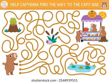 Fun maze for kids with capybara going to dessert cart. Capibara preschool printable activity. Labyrinth game or puzzle with cute animals, food trolley. Find the way to capy bar worksheet