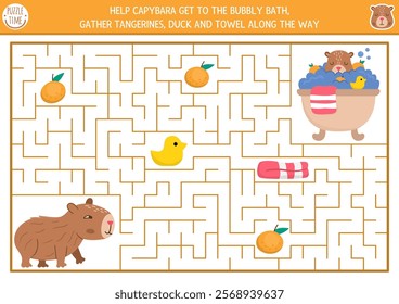 Fun maze for kids with capybara going to the bathtub with duck, towel, tangerine. Capibara preschool printable activity. Geometric labyrinth game, puzzle with cute animal, bath tub