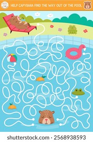 Fun maze for kids with capybara swimming in the pool and relaxing in lounger under umbrella. Capibara preschool printable activity with cute animal. Labyrinth game or puzzle with nature landscape