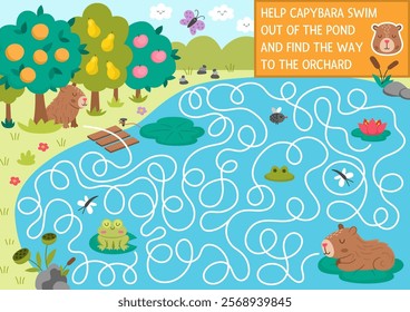 Fun maze for kids with capybara swimming out from pond to fruit garden. Capibara preschool printable activity with cute animal. Labyrinth game or puzzle with nature landscape, lake, orchard, frog