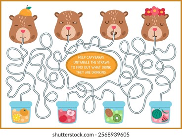 Fun maze for kids with capybaras drinking bubble tea. Capibara preschool printable activity. Labyrinth game or puzzle with cute animals, fruit drinks. Untangle the straws worksheet