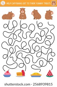 Fun maze for kids with capybaras and yummy treats. Capibara preschool printable activity. Labyrinth game or puzzle with cute animals, cake, pie, watermelon. Whose dessert worksheet