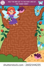 Fun maze for kids with fairy, geometrical labyrinth shaped as tree. Fairytale princess printable activity. Labyrinth game, puzzle with magic forest landscape. Help bird get to girl and eat berry
