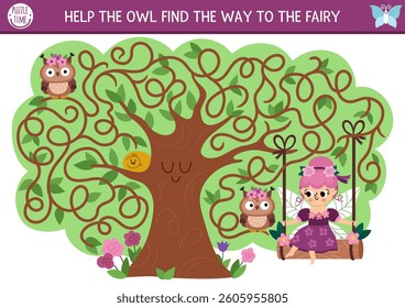 Fun maze for kids with woodland or flower fairy, labyrinth shaped as tree crown. Fairytale printable activity with girl. Magic forest labyrinth game, puzzle with cute owl searching way to princess

