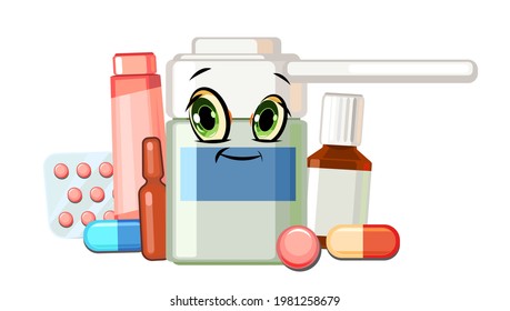 Fun medicine. Illustration for children. Nasal spray. The character smiles. Medicinal drugs. Pharmaceuticals. Ambulance. Pharmacy. Cartoon style. Flat design. Vector