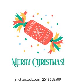 Fun Merry Christmas greeting card. Cute Christmas cracker candy shape. Simple square vector illustration with Xmas greetings. 