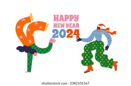 Fun Merry Christmas and Happy New Year banner, Christmas background and card with groovy, hippie bizarre disproportionate vector characters, wearing Santa hat, dancing, jumping and drinking champagne