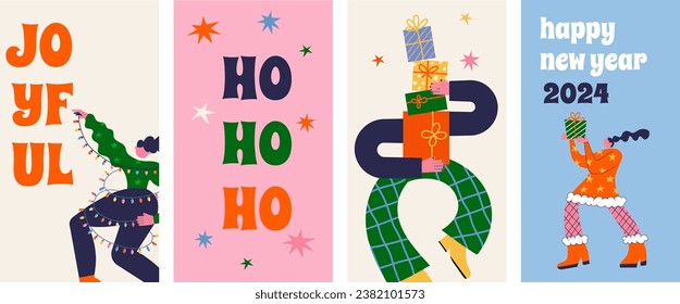 Divertido Feliz Navidad y Feliz Año Nuevo banner, antecedentes navideños y tarjeta con groovy, extraños personajes hippie, desproporcionados, usando sombrero de Papá Noel, bailando, saltando y bebiendo champán. Vector