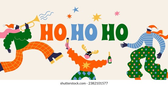 Fun Merry Christmas and Happy New Year banner, Christmas background and card with groovy people, hippie bizarre disproportionate vector characters